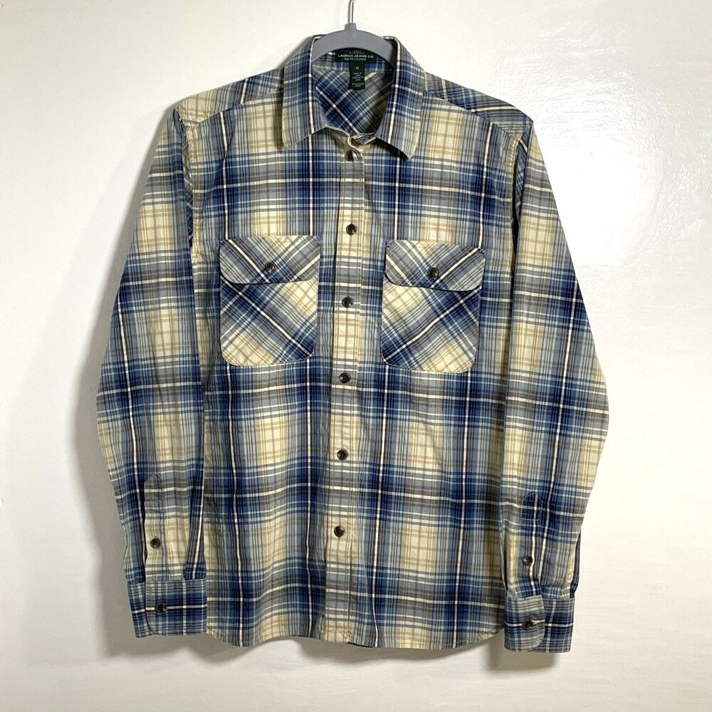 LRL Lauren Jeans Co Ralph Lauren Woman's Button Up Blue Cotton Plaid Shirt Sz M - Picture 1 of 10